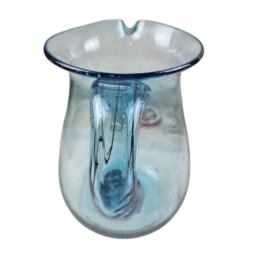Handblown Seeded Blue Bubble Glass Pitcher Applied Handle Pinchd Spout Art Glass